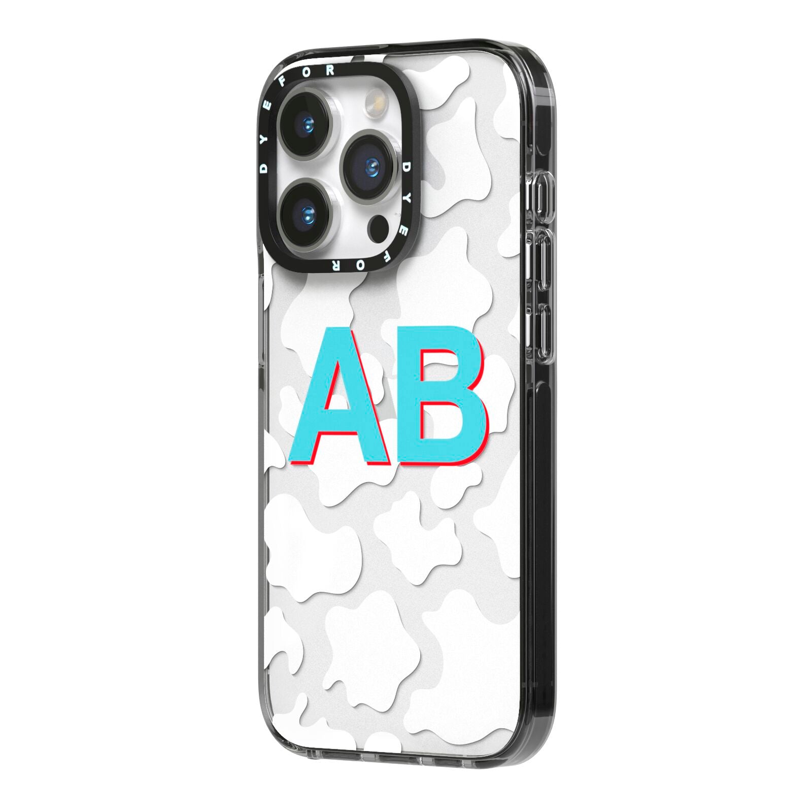 Personalised Cow Print iPhone 14 Pro Black Impact Case Side Angle on Silver phone