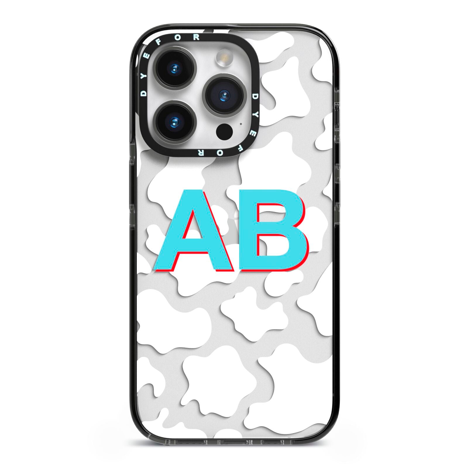 Personalised Cow Print iPhone 14 Pro Black Impact Case on Silver phone