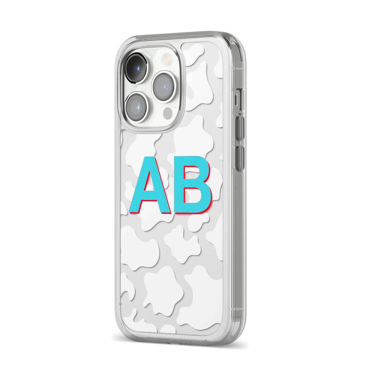 Personalised Cow Print iPhone 14 Pro Clear Tough Case Silver Angled Image