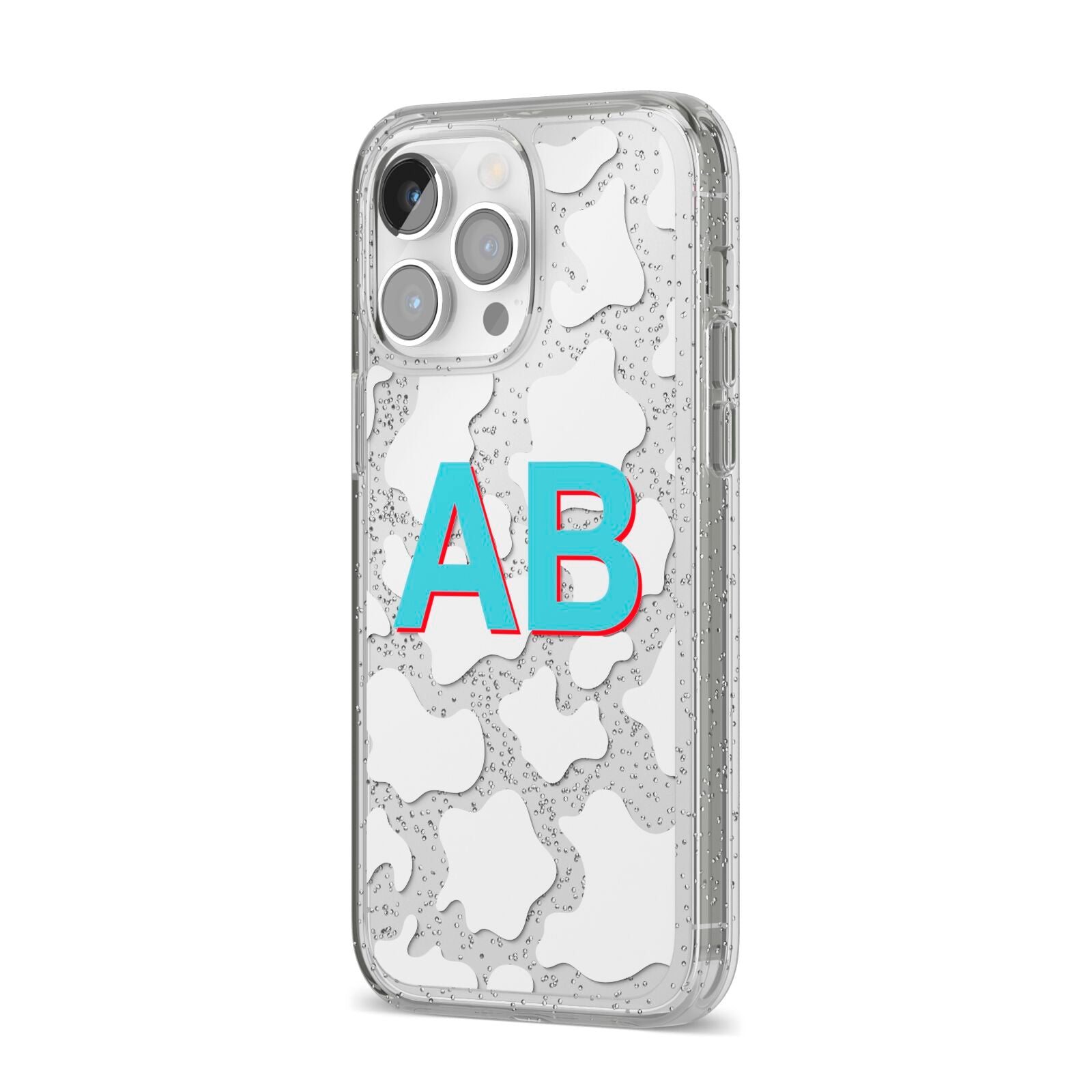 Personalised Cow Print iPhone 14 Pro Max Glitter Tough Case Silver Angled Image