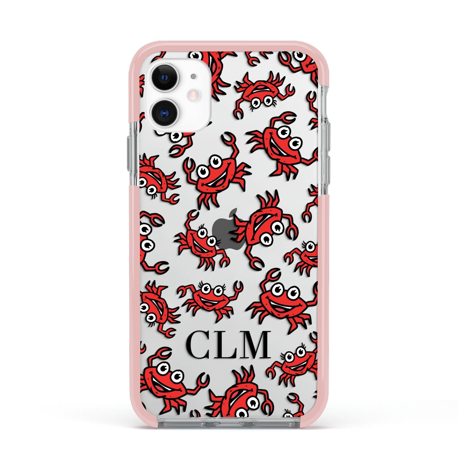 Personalised Crab Initials Clear Apple iPhone 11 in White with Pink Impact Case