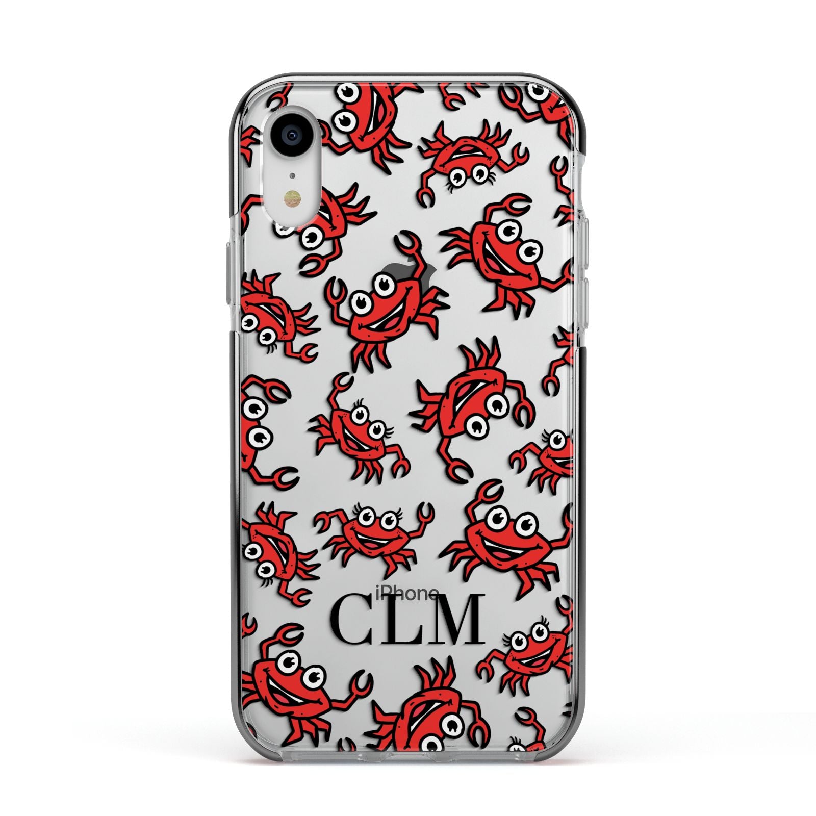 Personalised Crab Initials Clear Apple iPhone XR Impact Case Black Edge on Silver Phone
