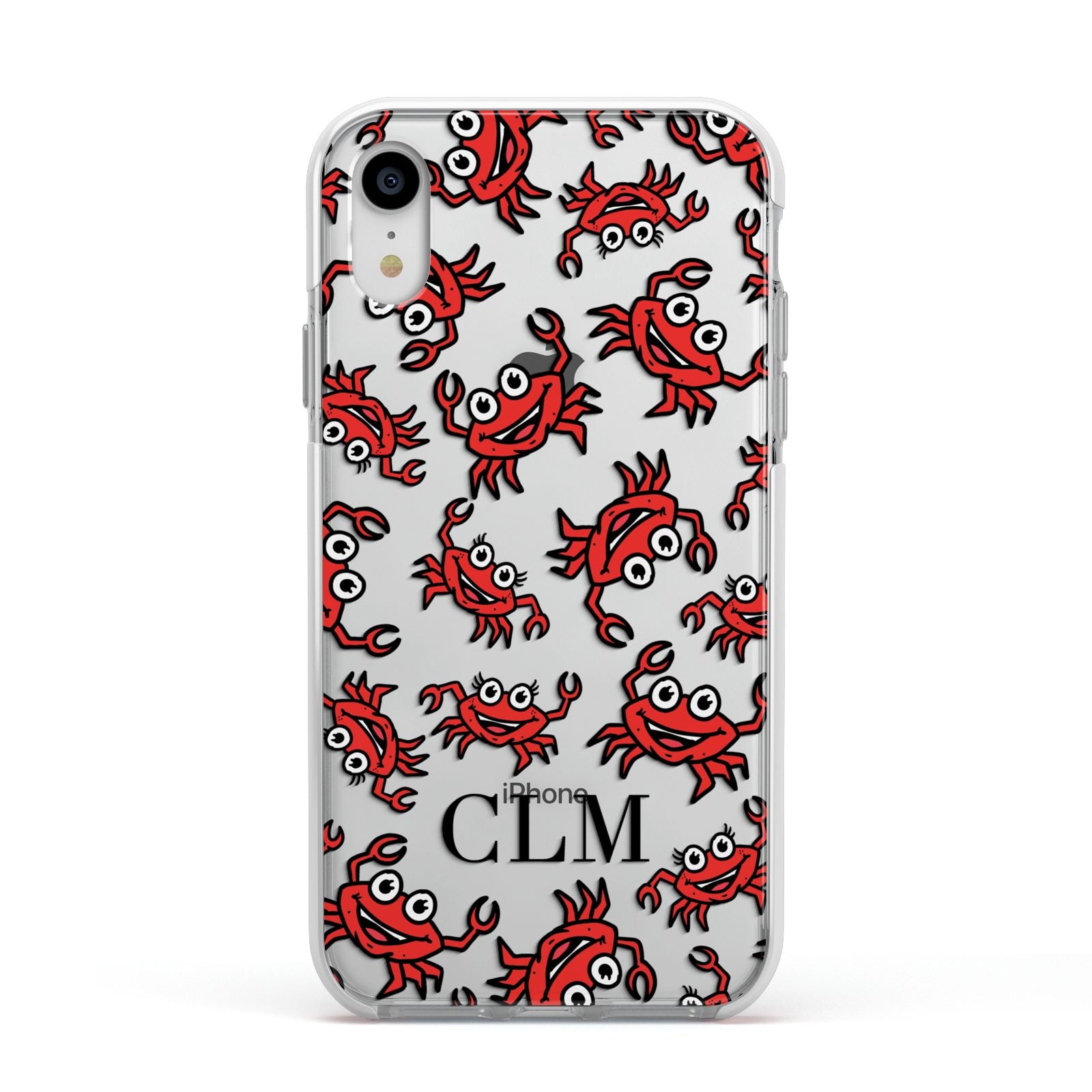 Personalised Crab Initials Clear Apple iPhone XR Impact Case White Edge on Silver Phone