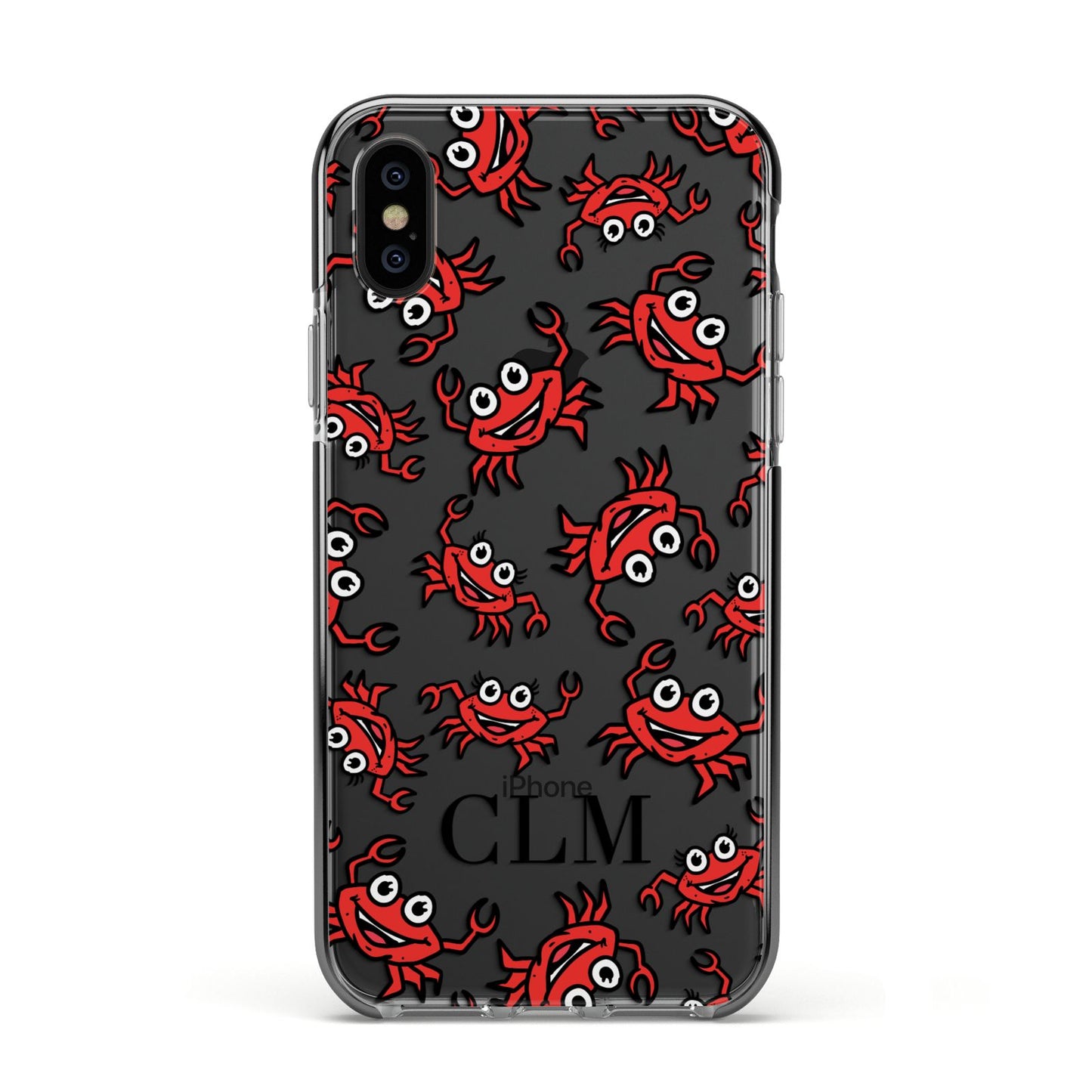 Personalised Crab Initials Clear Apple iPhone Xs Impact Case Black Edge on Black Phone