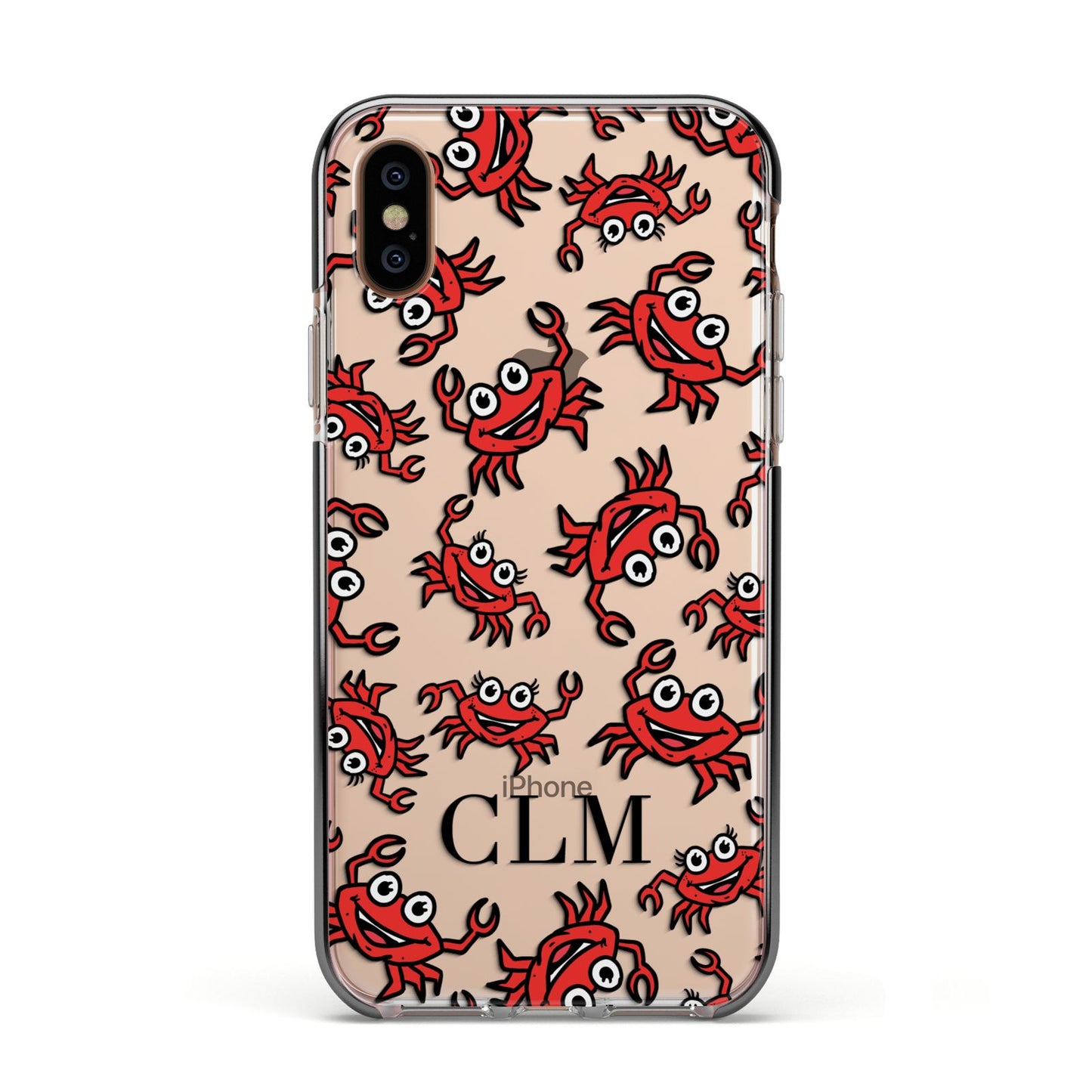 Personalised Crab Initials Clear Apple iPhone Xs Impact Case Black Edge on Gold Phone