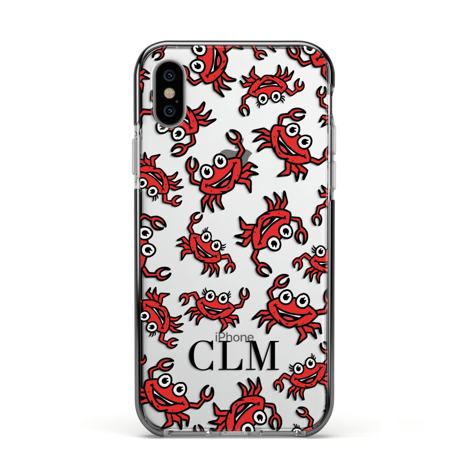 Personalised Crab Initials Clear Apple iPhone Xs Impact Case Black Edge on Silver Phone