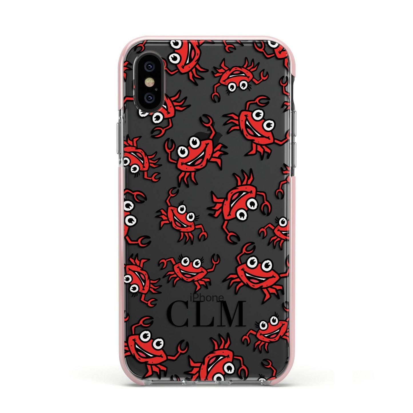Personalised Crab Initials Clear Apple iPhone Xs Impact Case Pink Edge on Black Phone