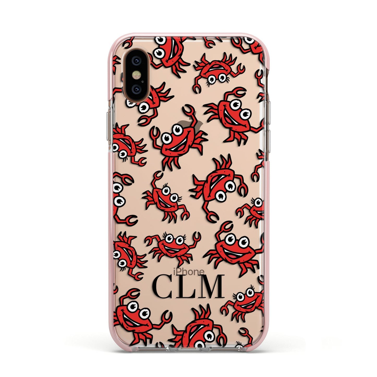 Personalised Crab Initials Clear Apple iPhone Xs Impact Case Pink Edge on Gold Phone