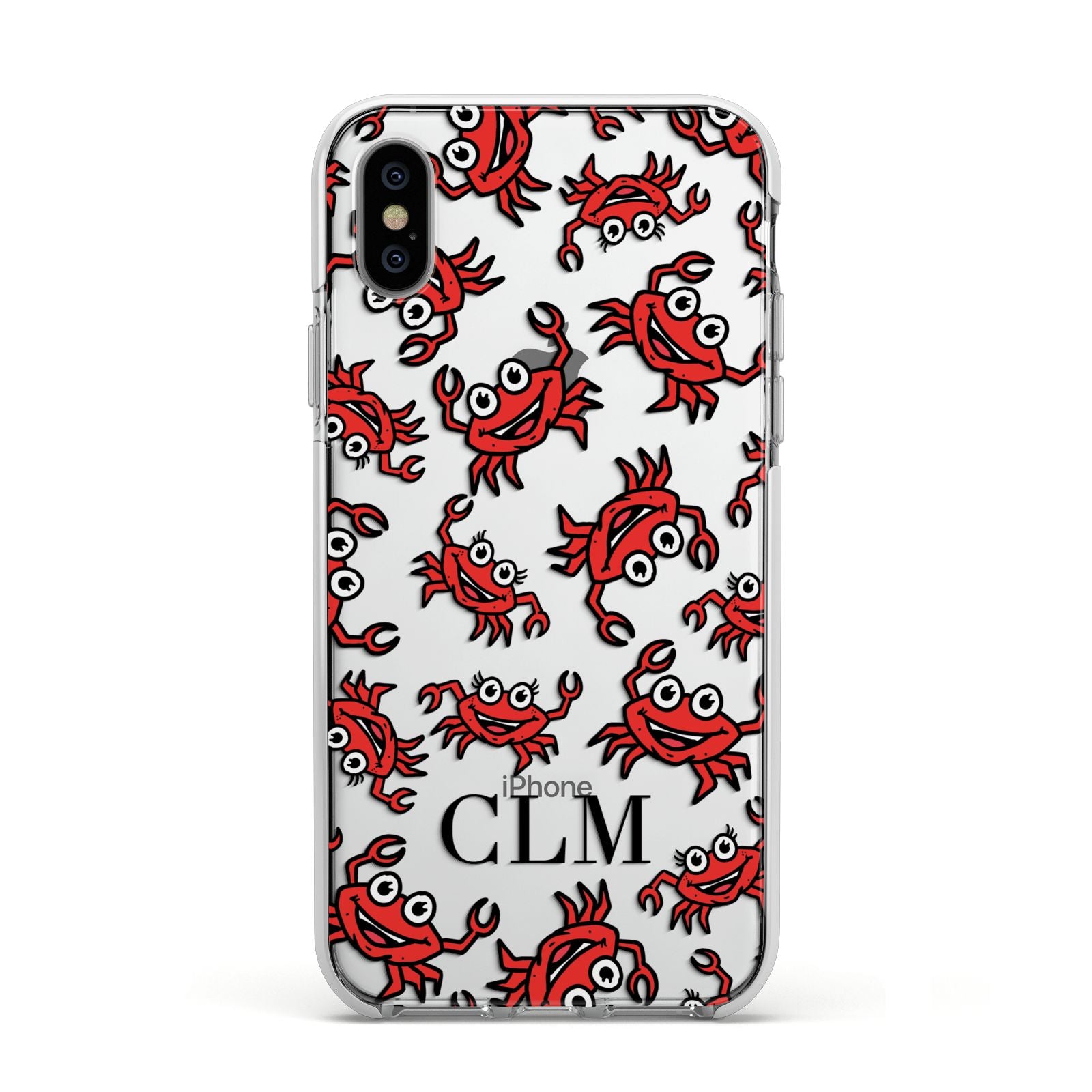 Personalised Crab Initials Clear Apple iPhone Xs Impact Case White Edge on Silver Phone