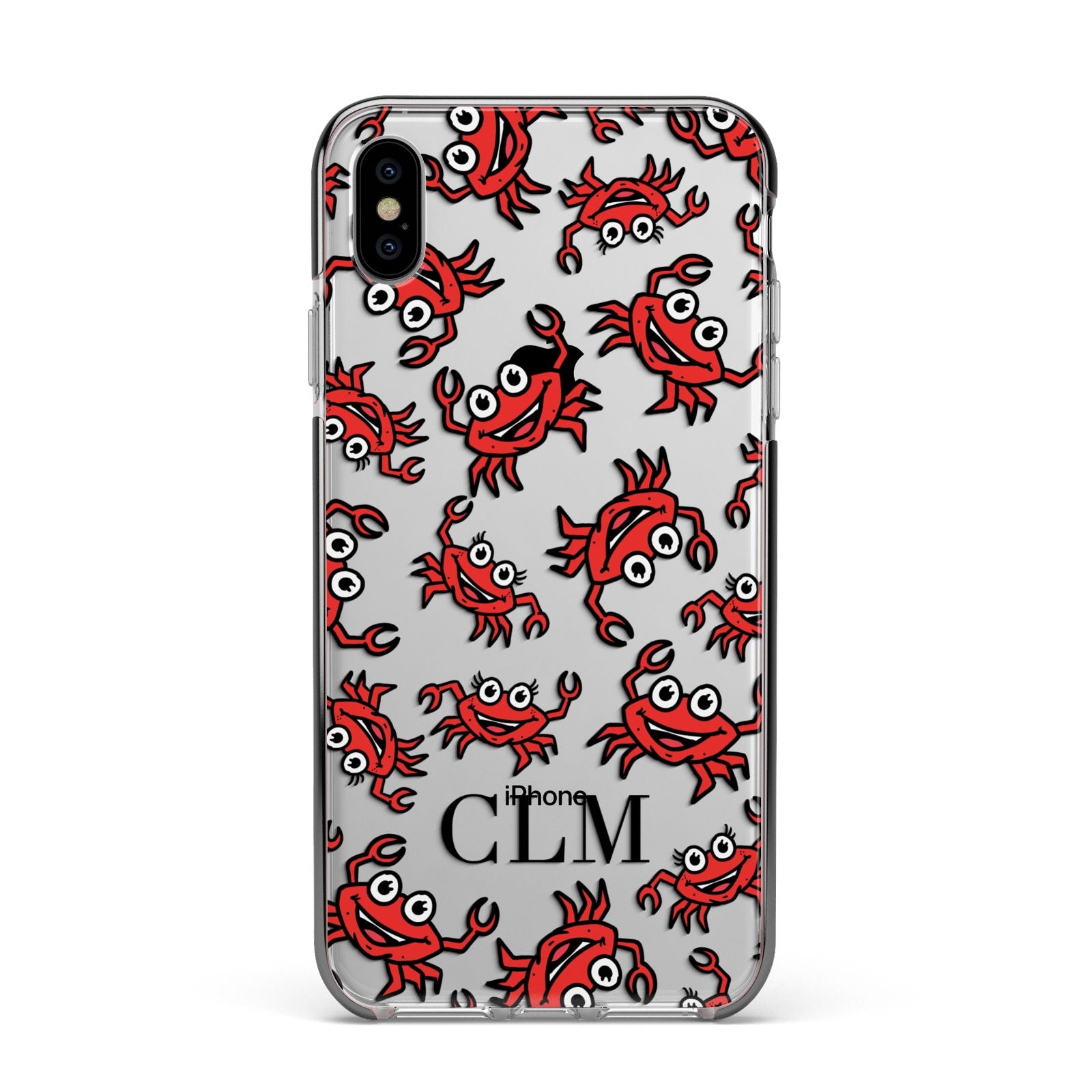 Personalised Crab Initials Clear Apple iPhone Xs Max Impact Case Black Edge on Silver Phone