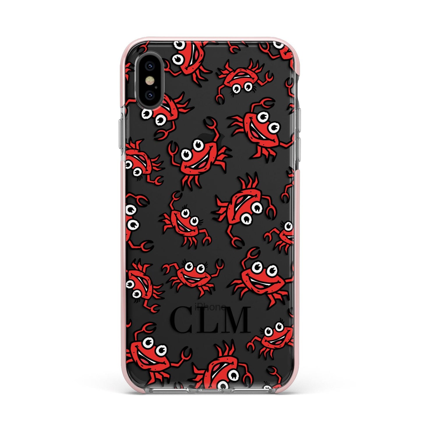 Personalised Crab Initials Clear Apple iPhone Xs Max Impact Case Pink Edge on Black Phone