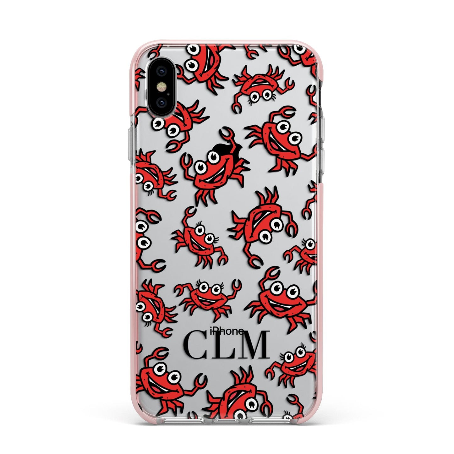 Personalised Crab Initials Clear Apple iPhone Xs Max Impact Case Pink Edge on Silver Phone
