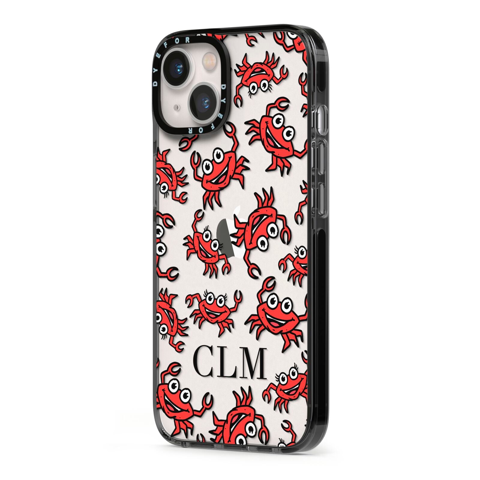 Personalised Crab Initials Clear iPhone 13 Black Impact Case Side Angle on Silver phone