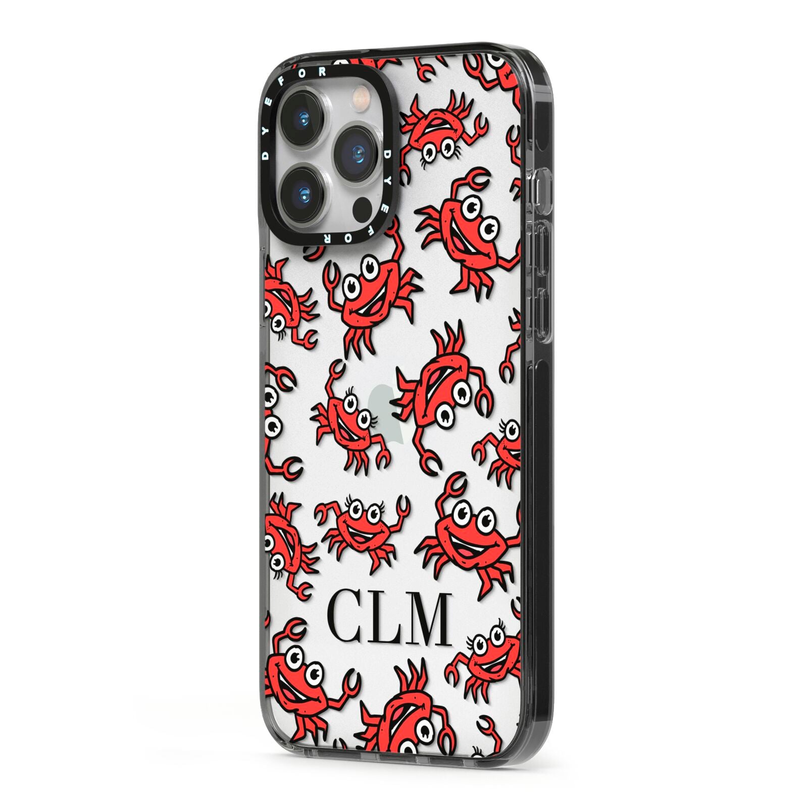 Personalised Crab Initials Clear iPhone 13 Pro Max Black Impact Case Side Angle on Silver phone