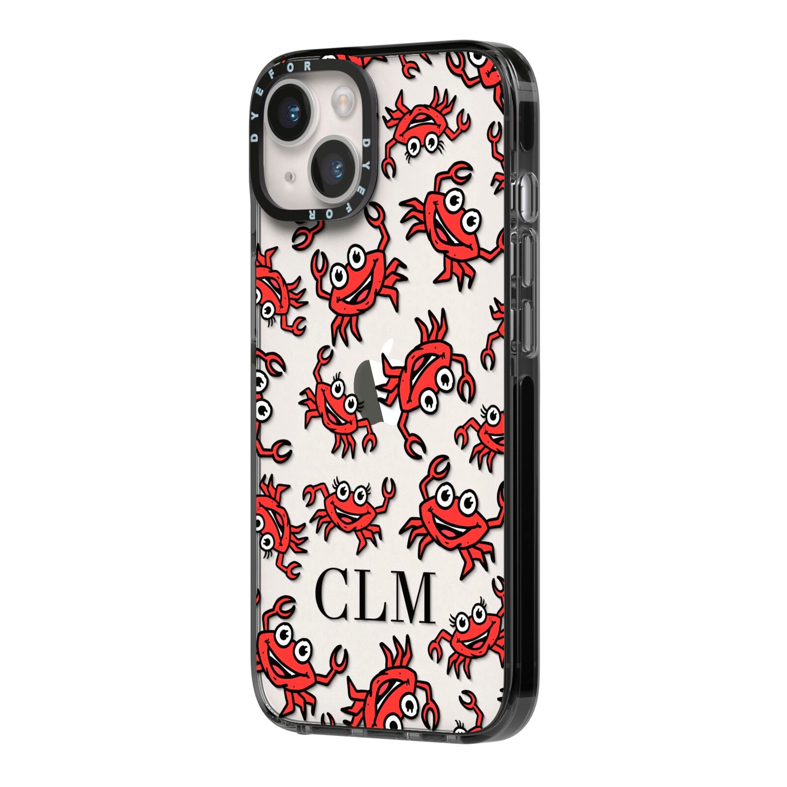 Personalised Crab Initials Clear iPhone 14 Black Impact Case Side Angle on Silver phone