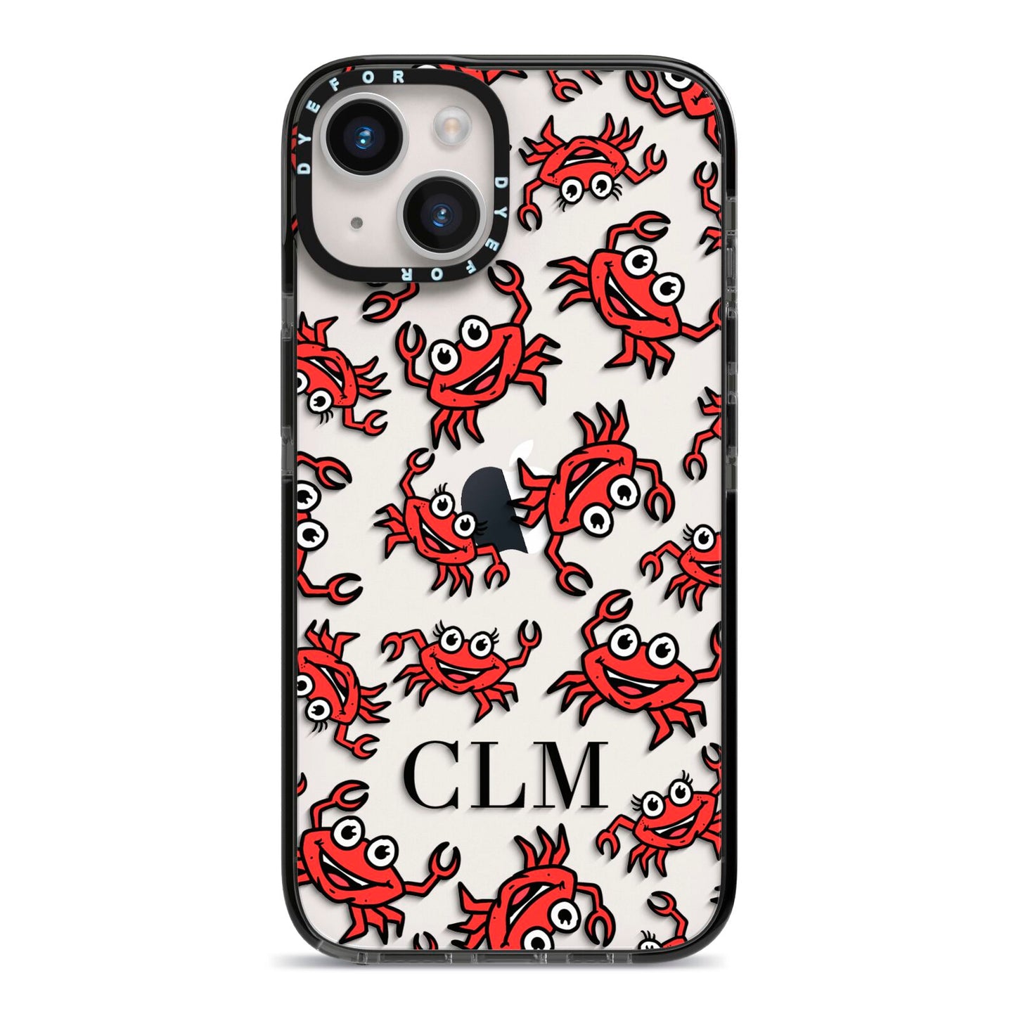 Personalised Crab Initials Clear iPhone 14 Black Impact Case on Silver phone