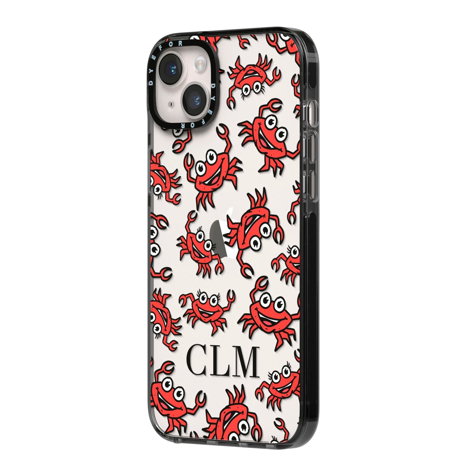 Personalised Crab Initials Clear iPhone 14 Plus Black Impact Case Side Angle on Silver phone