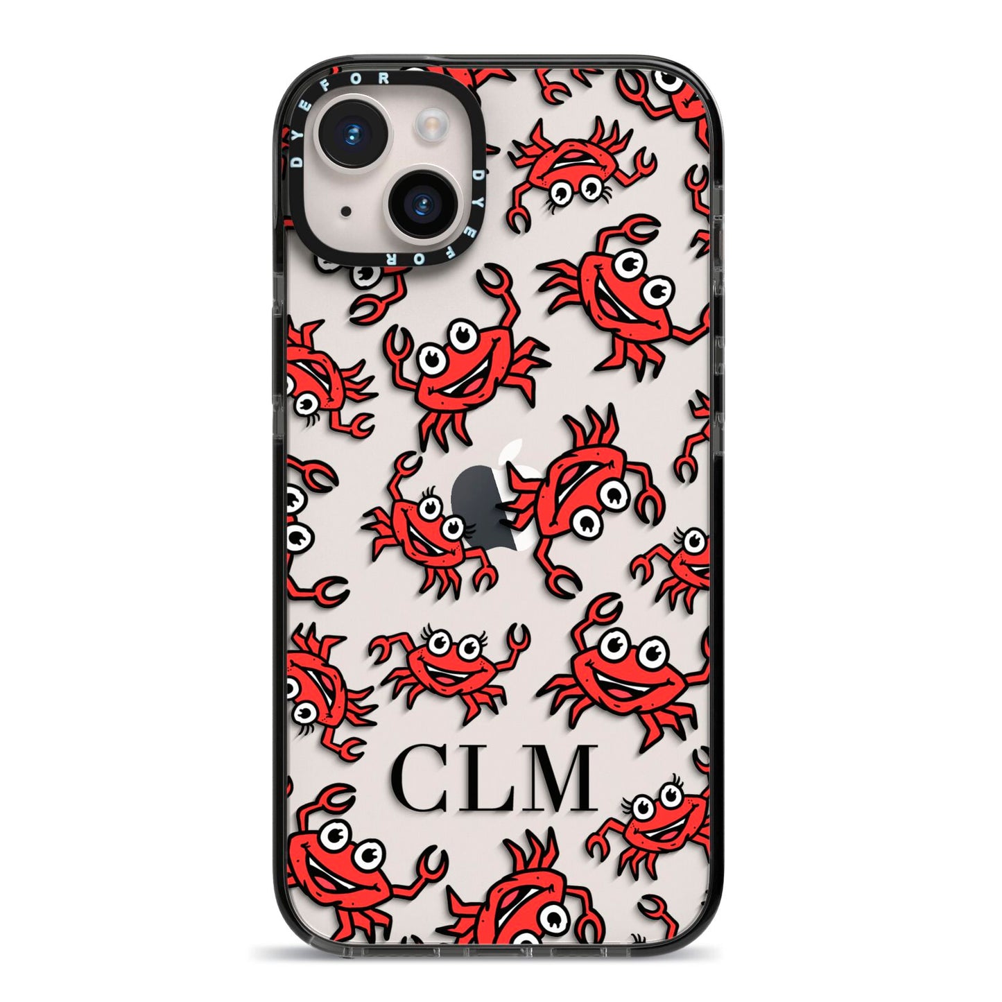 Personalised Crab Initials Clear iPhone 14 Plus Black Impact Case on Silver phone