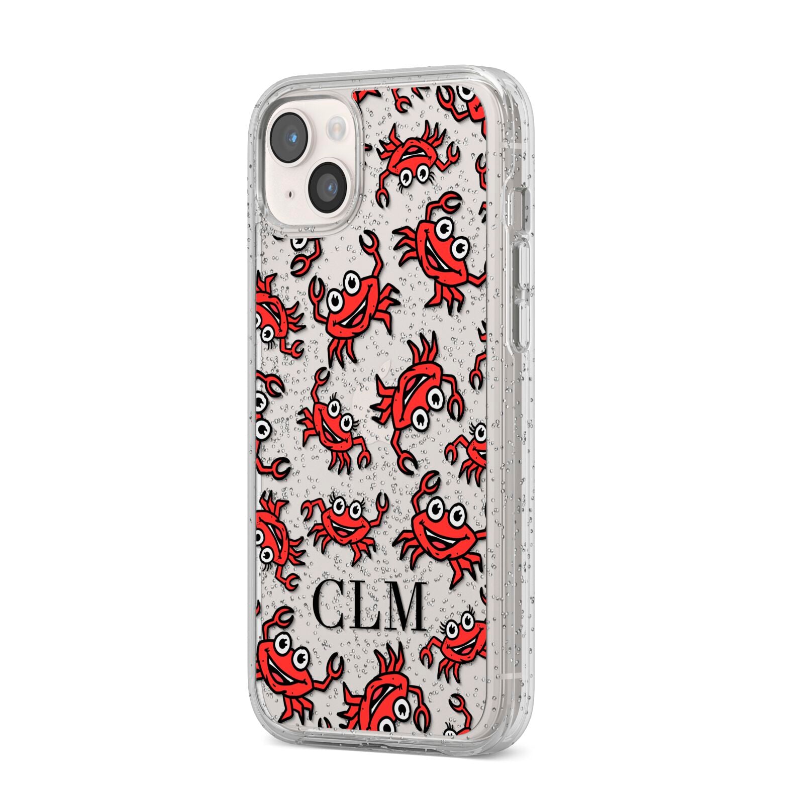 Personalised Crab Initials Clear iPhone 14 Plus Glitter Tough Case Starlight Angled Image