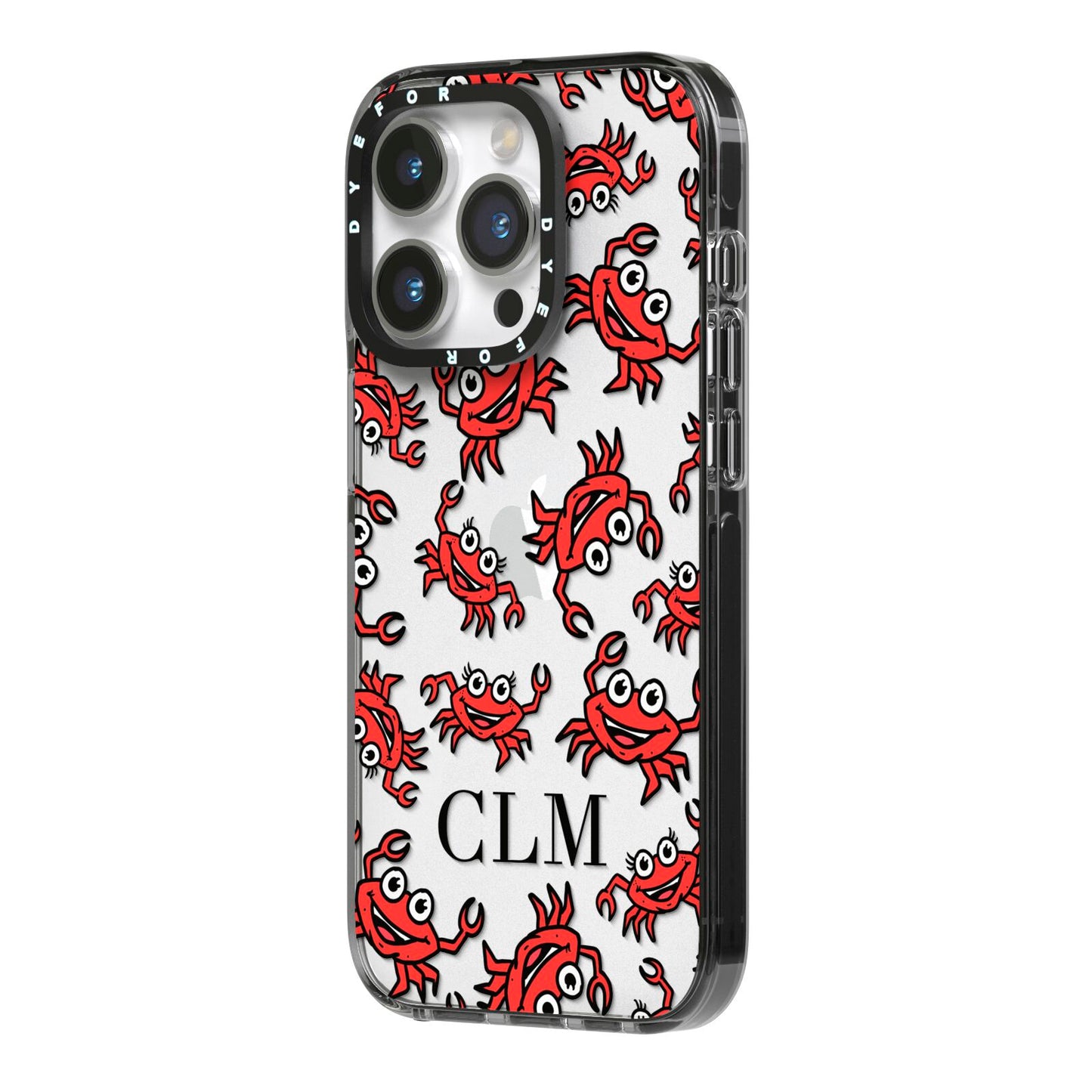 Personalised Crab Initials Clear iPhone 14 Pro Black Impact Case Side Angle on Silver phone