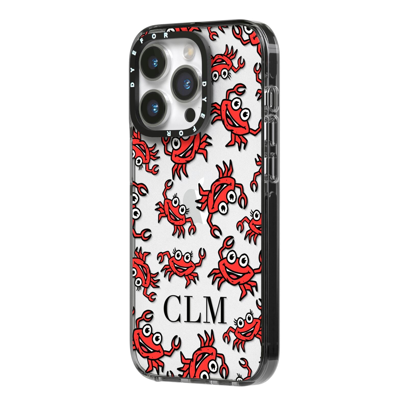 Personalised Crab Initials Clear iPhone 14 Pro Black Impact Case Side Angle on Silver phone