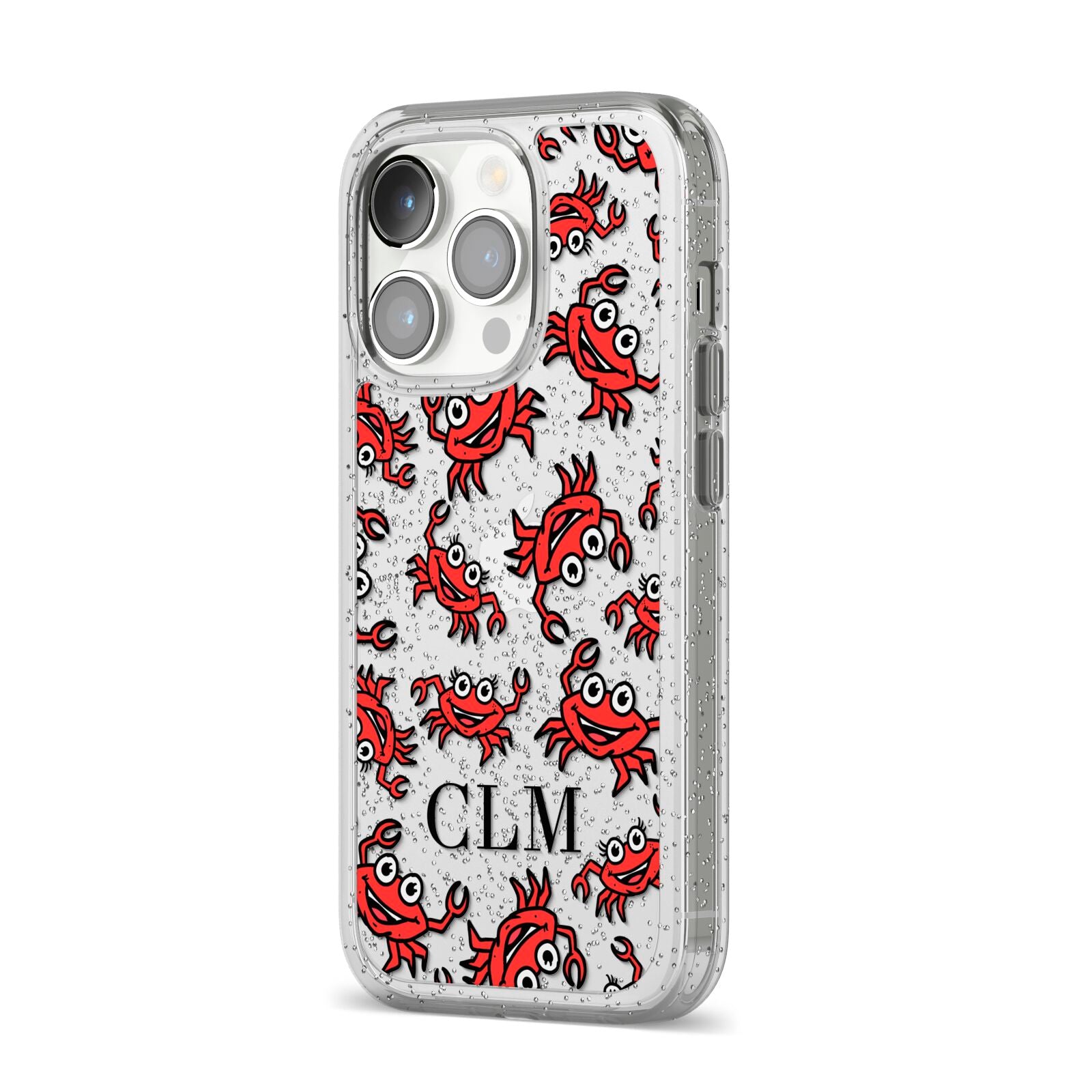 Personalised Crab Initials Clear iPhone 14 Pro Glitter Tough Case Silver Angled Image