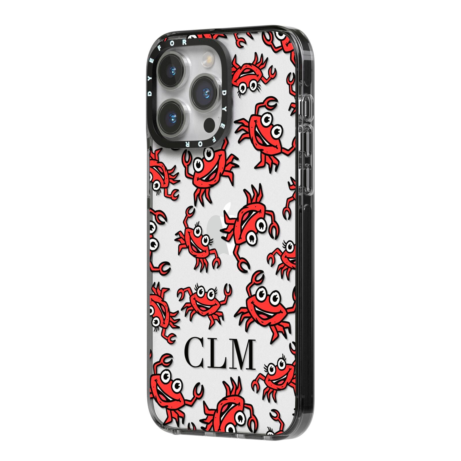 Personalised Crab Initials Clear iPhone 14 Pro Max Black Impact Case Side Angle on Silver phone