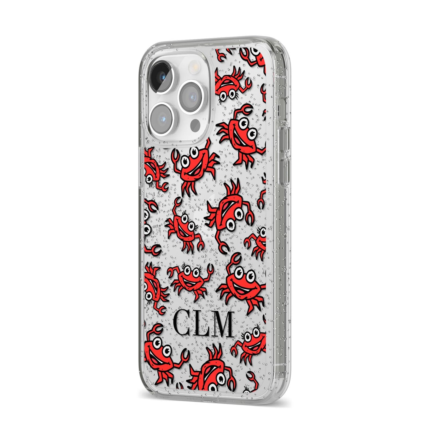 Personalised Crab Initials Clear iPhone 14 Pro Max Glitter Tough Case Silver Angled Image