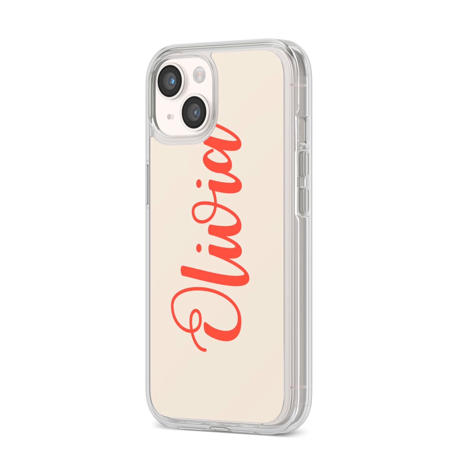 Personalised Cream Red Name iPhone 14 Clear Tough Case Starlight Angled Image