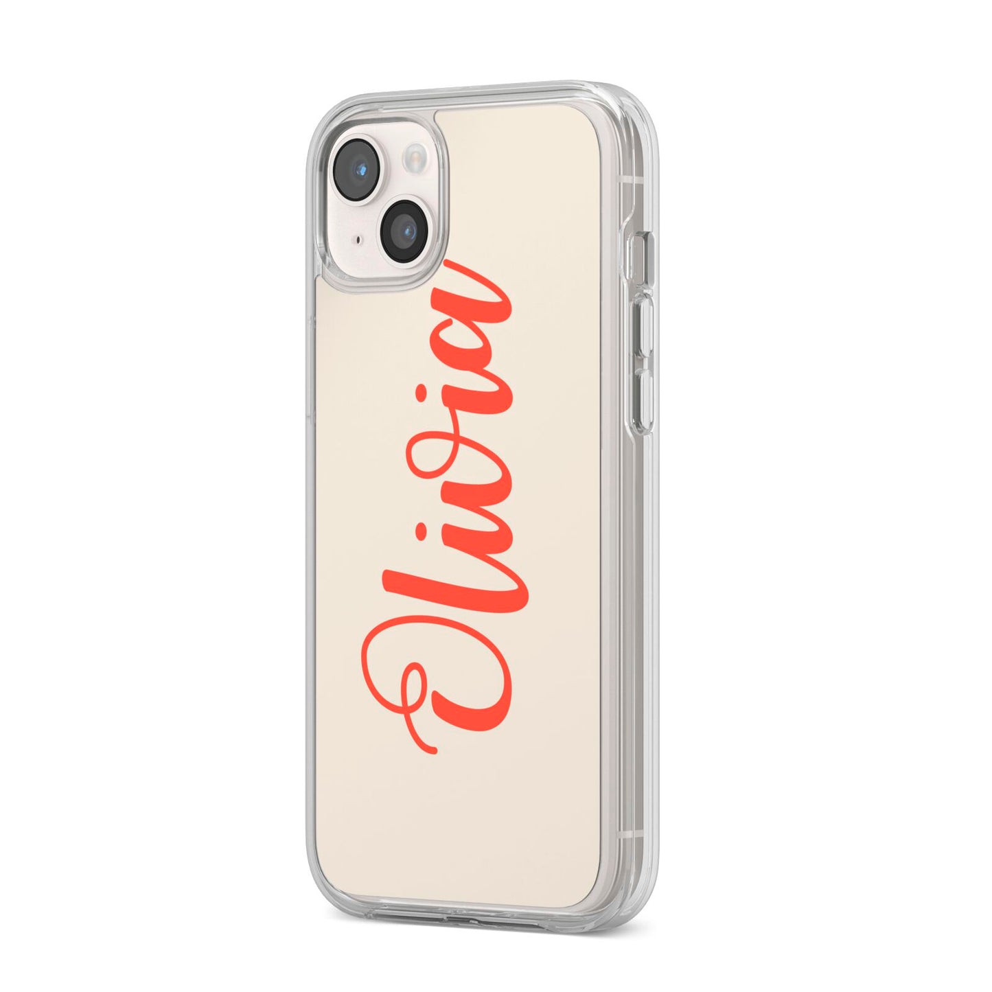 Personalised Cream Red Name iPhone 14 Plus Clear Tough Case Starlight Angled Image