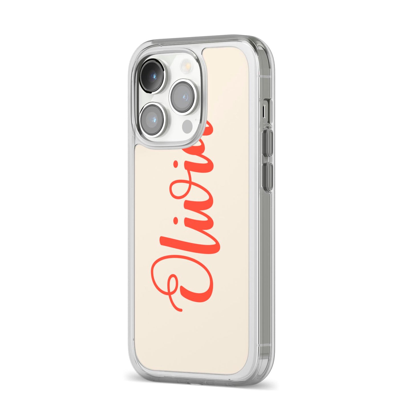 Personalised Cream Red Name iPhone 14 Pro Clear Tough Case Silver Angled Image