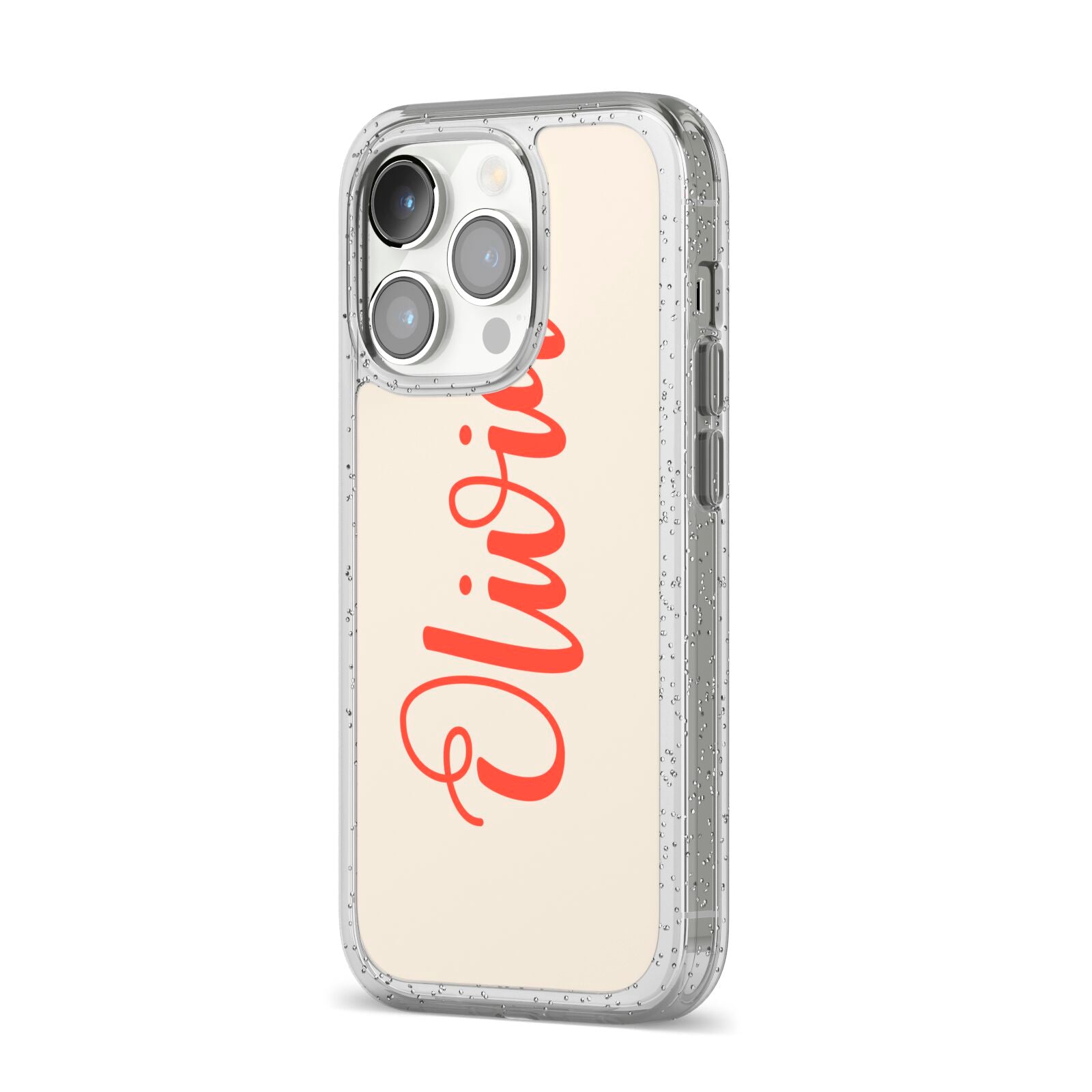 Personalised Cream Red Name iPhone 14 Pro Glitter Tough Case Silver Angled Image