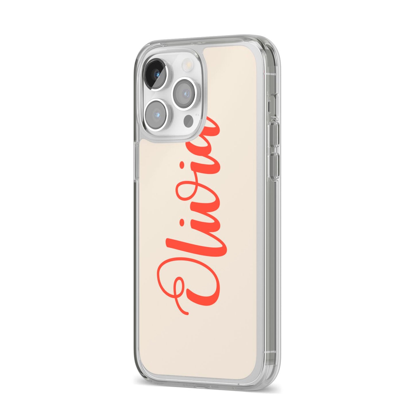 Personalised Cream Red Name iPhone 14 Pro Max Clear Tough Case Silver Angled Image