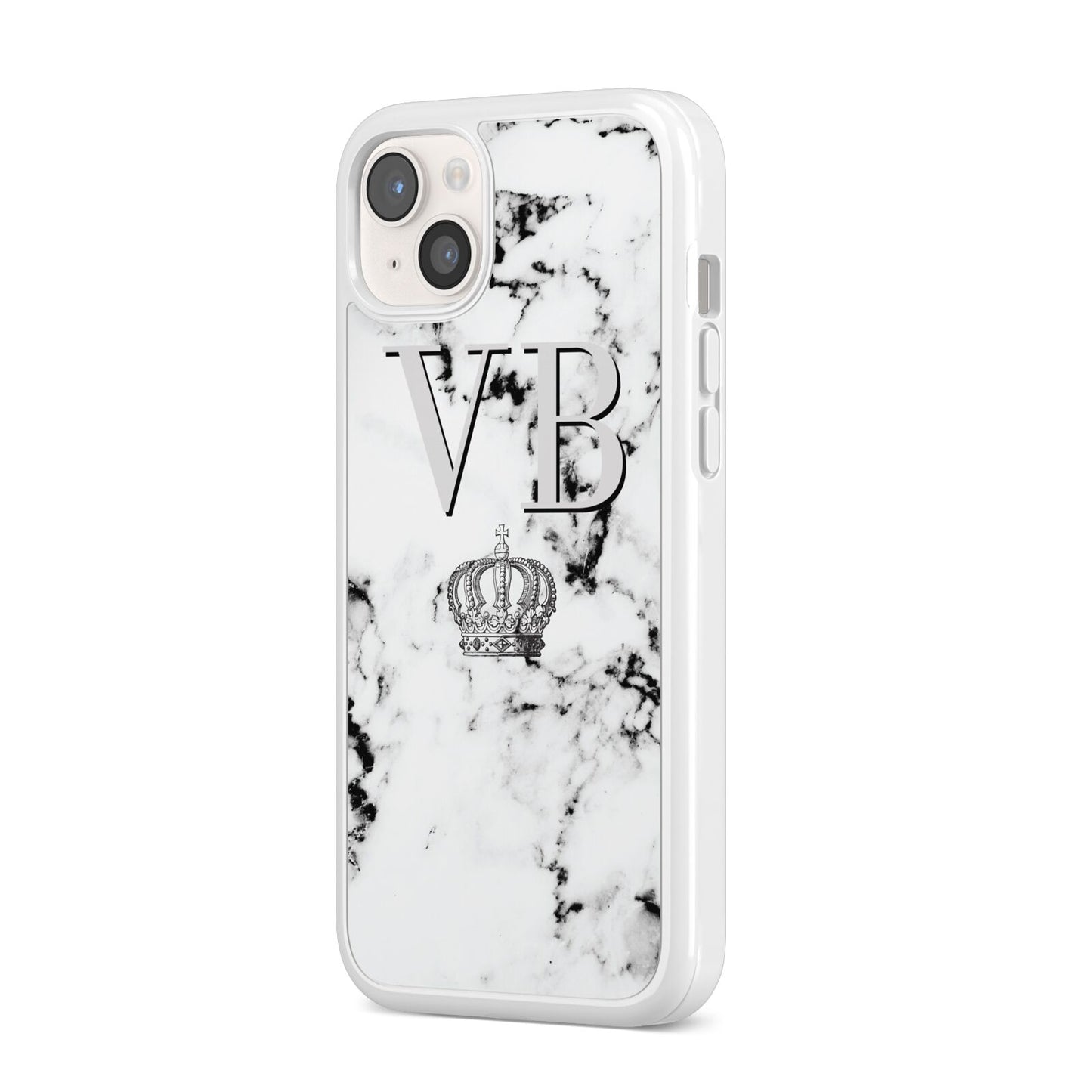 Personalised Crown Marble Initialed Grey iPhone 14 Plus Clear Tough Case Starlight Angled Image