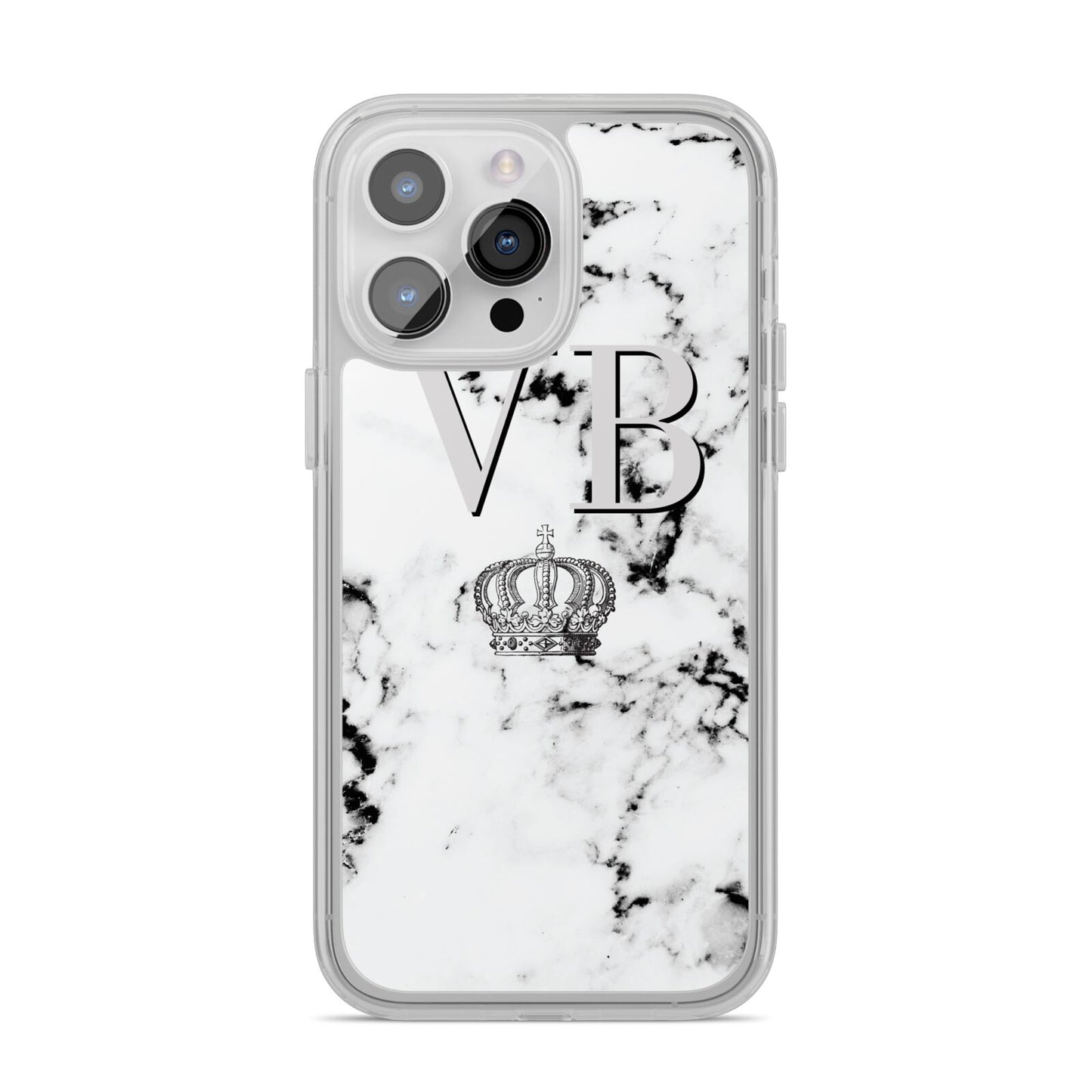 Personalised Crown Marble Initialed Grey iPhone 14 Pro Max Clear Tough Case Silver