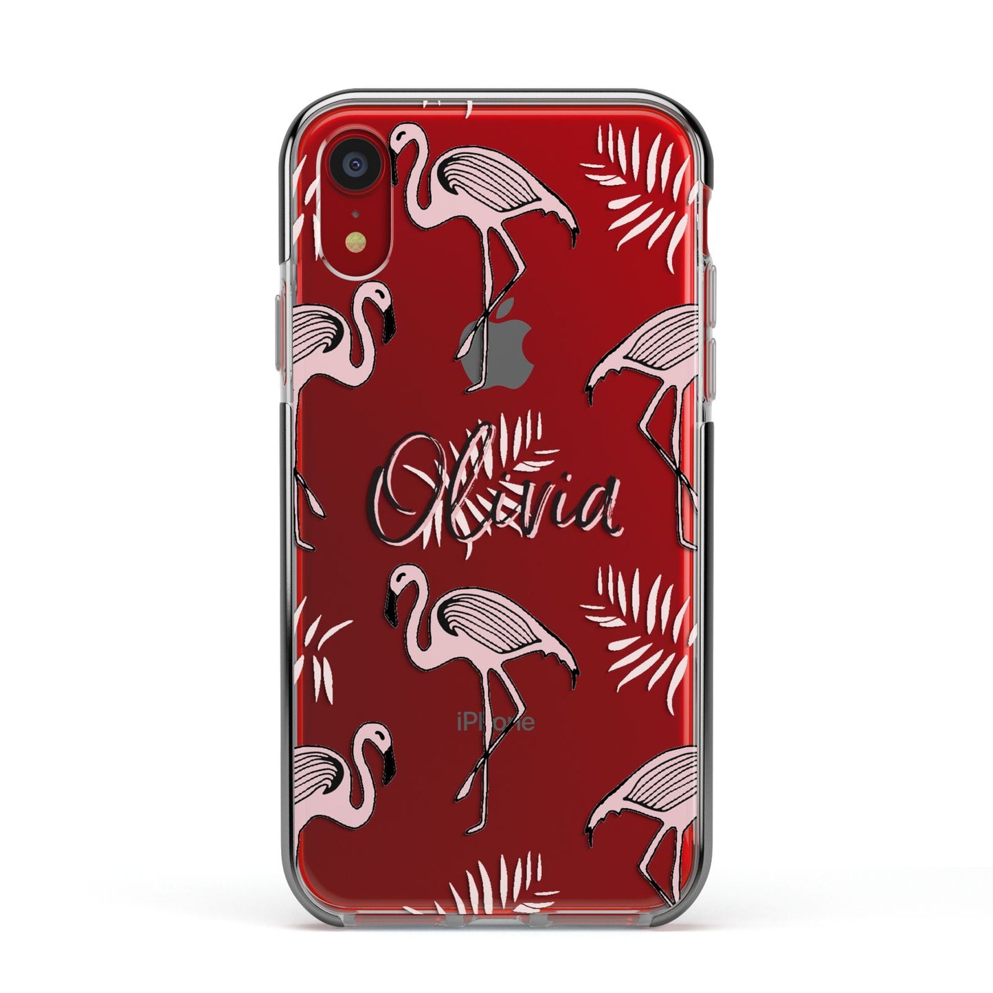 Personalised Cute Pink Flamingo Apple iPhone XR Impact Case Black Edge on Red Phone