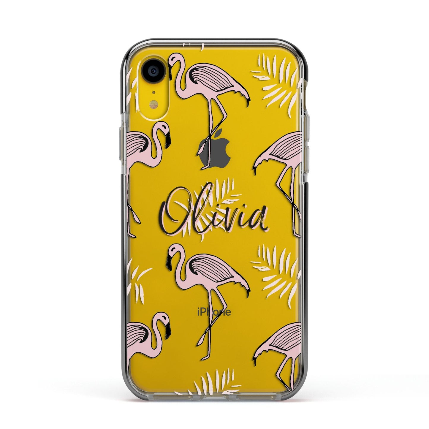 Personalised Cute Pink Flamingo Apple iPhone XR Impact Case Black Edge on Yellow Phone