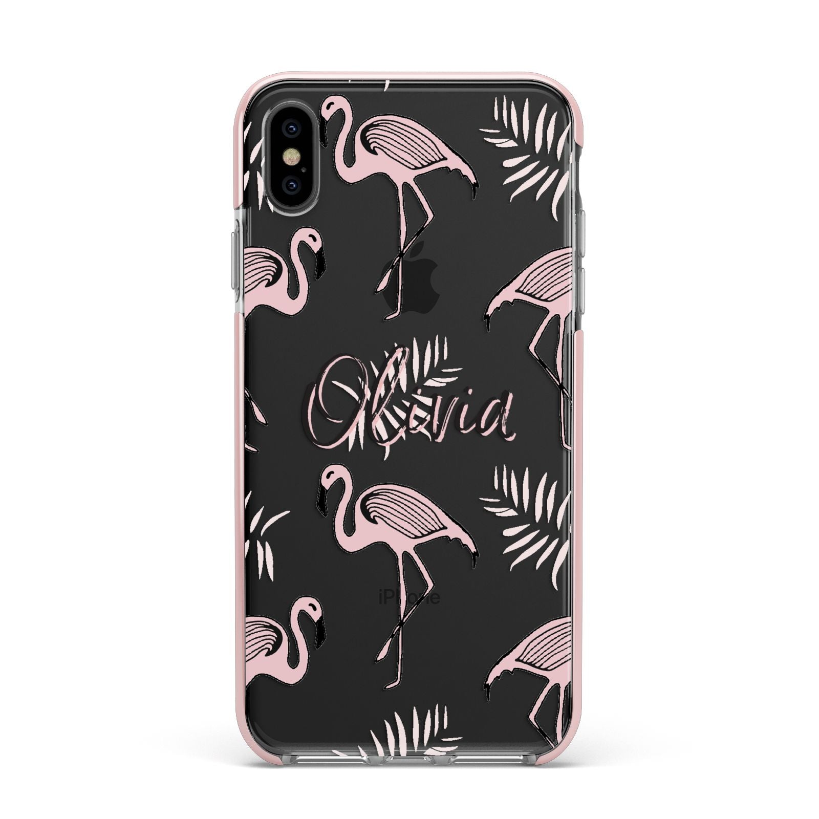 Personalised Cute Pink Flamingo Apple iPhone Xs Max Impact Case Pink Edge on Black Phone