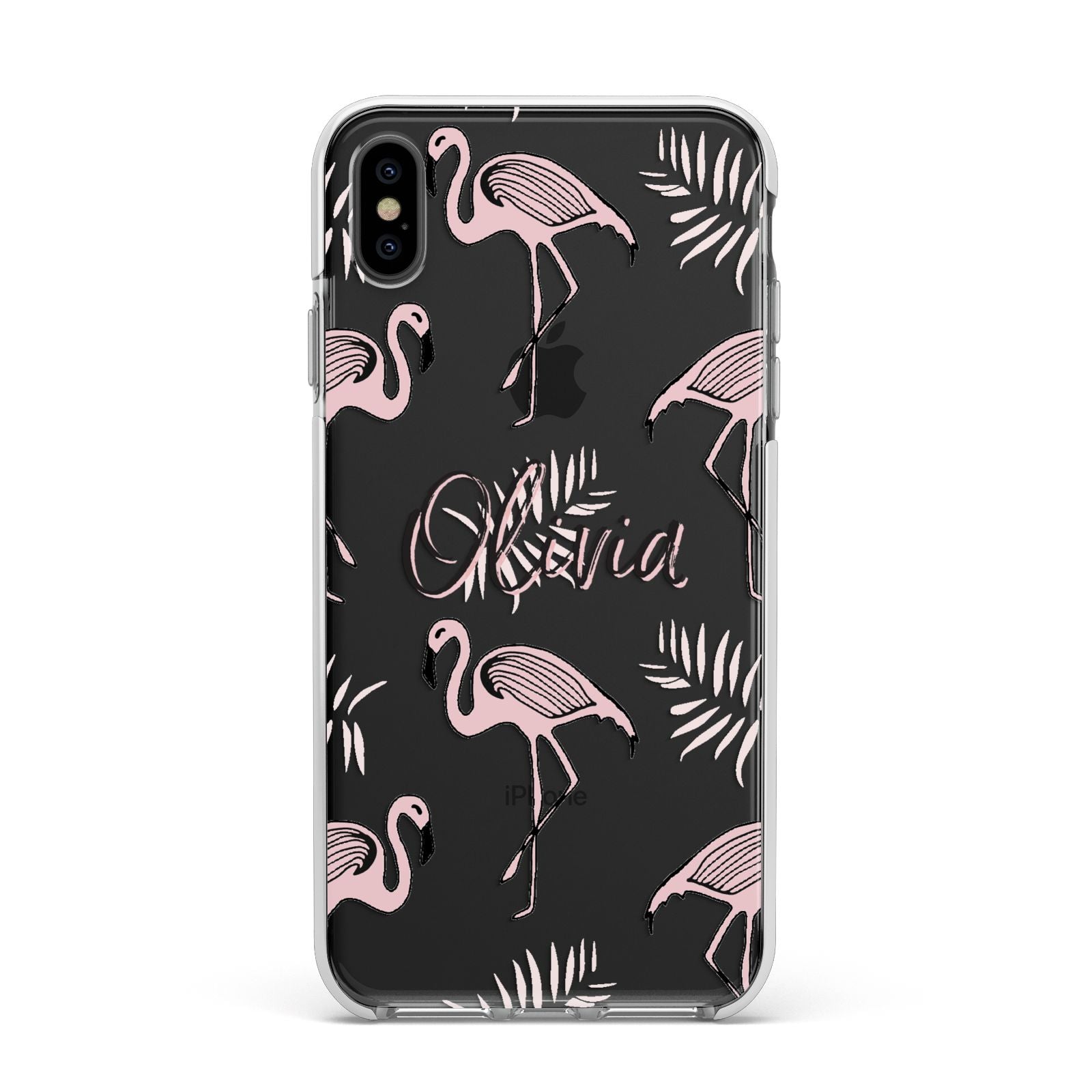 Personalised Cute Pink Flamingo Apple iPhone Xs Max Impact Case White Edge on Black Phone