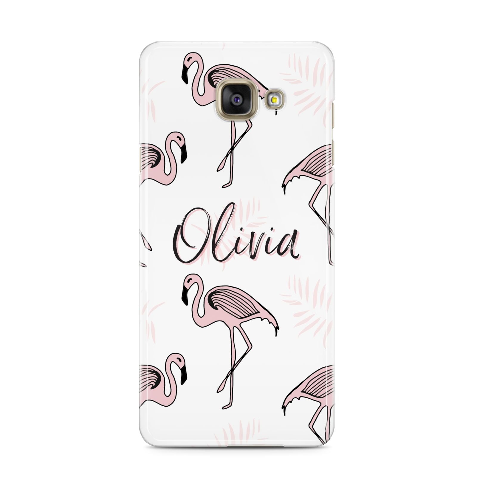 Personalised Cute Pink Flamingo Samsung Galaxy A3 2016 Case on gold phone