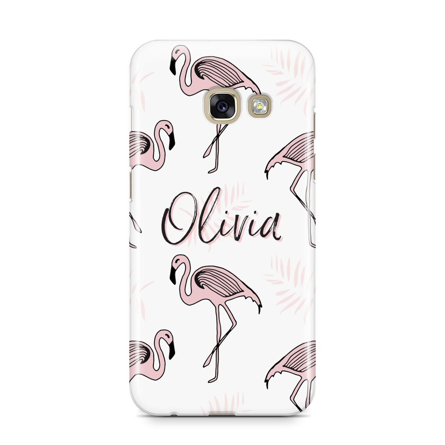 Personalised Cute Pink Flamingo Samsung Galaxy A3 2017 Case on gold phone