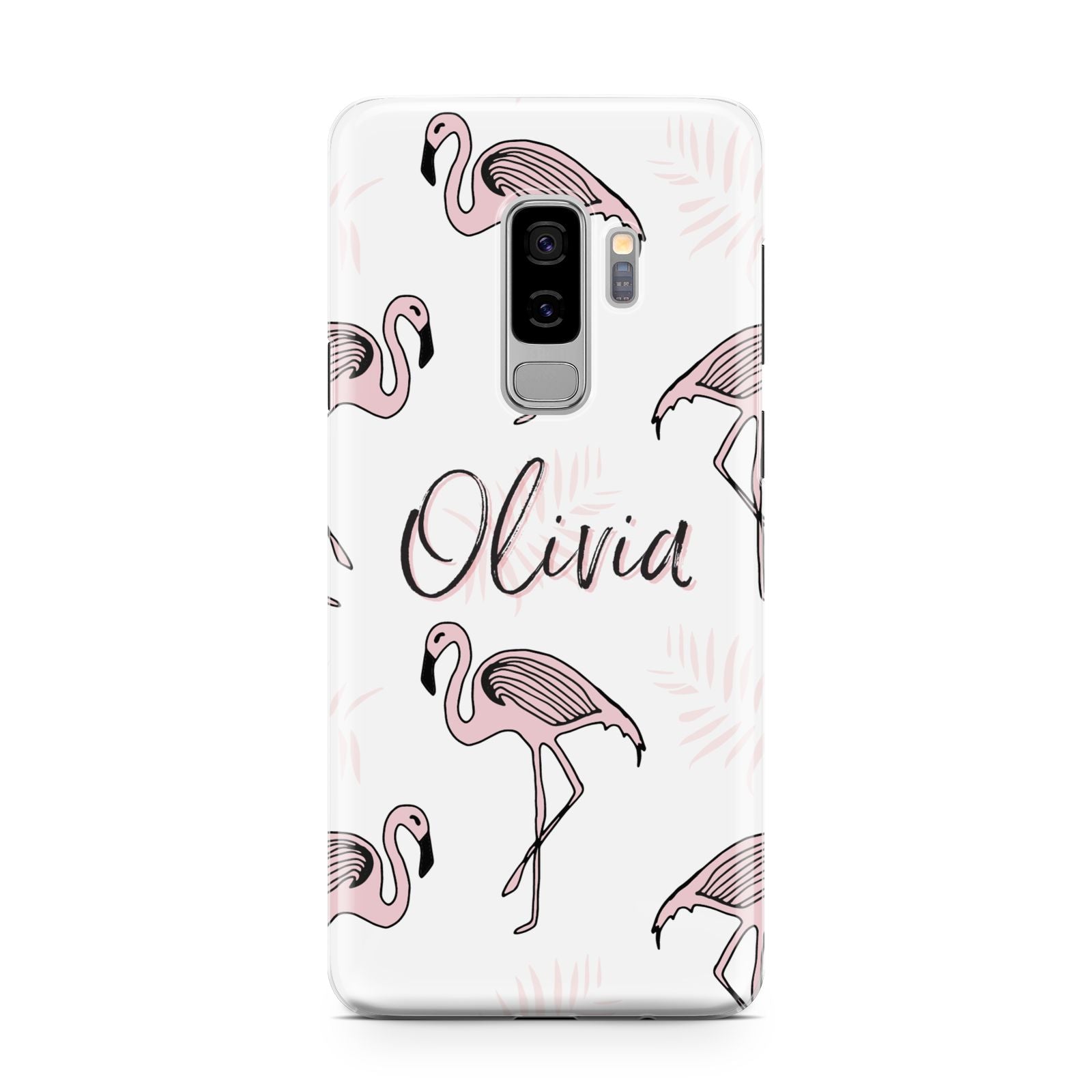 Personalised Cute Pink Flamingo Samsung Galaxy S9 Plus Case on Silver phone