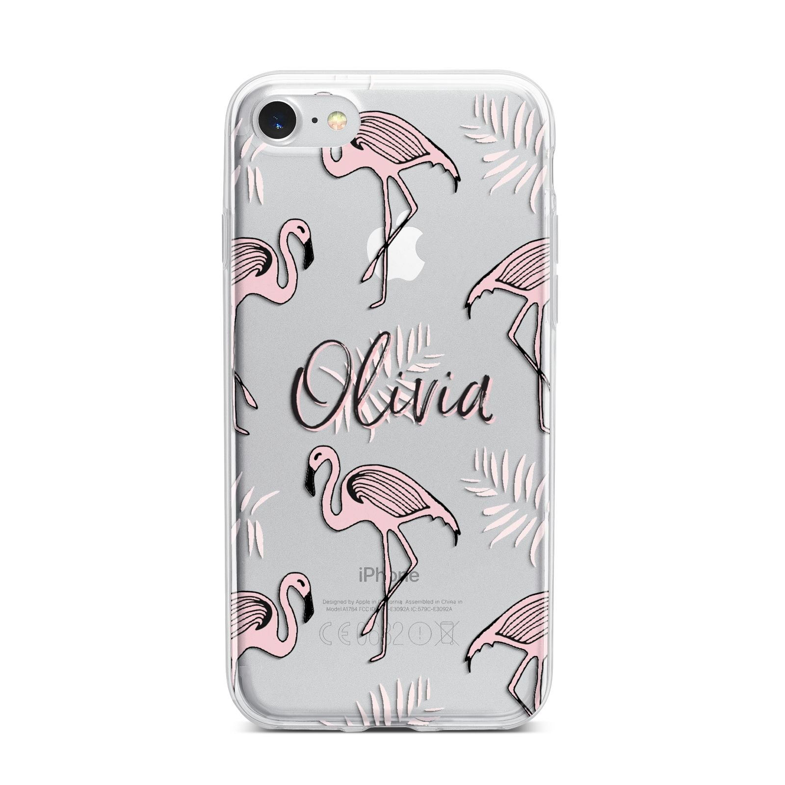 Personalised Cute Pink Flamingo iPhone 7 Bumper Case on Silver iPhone