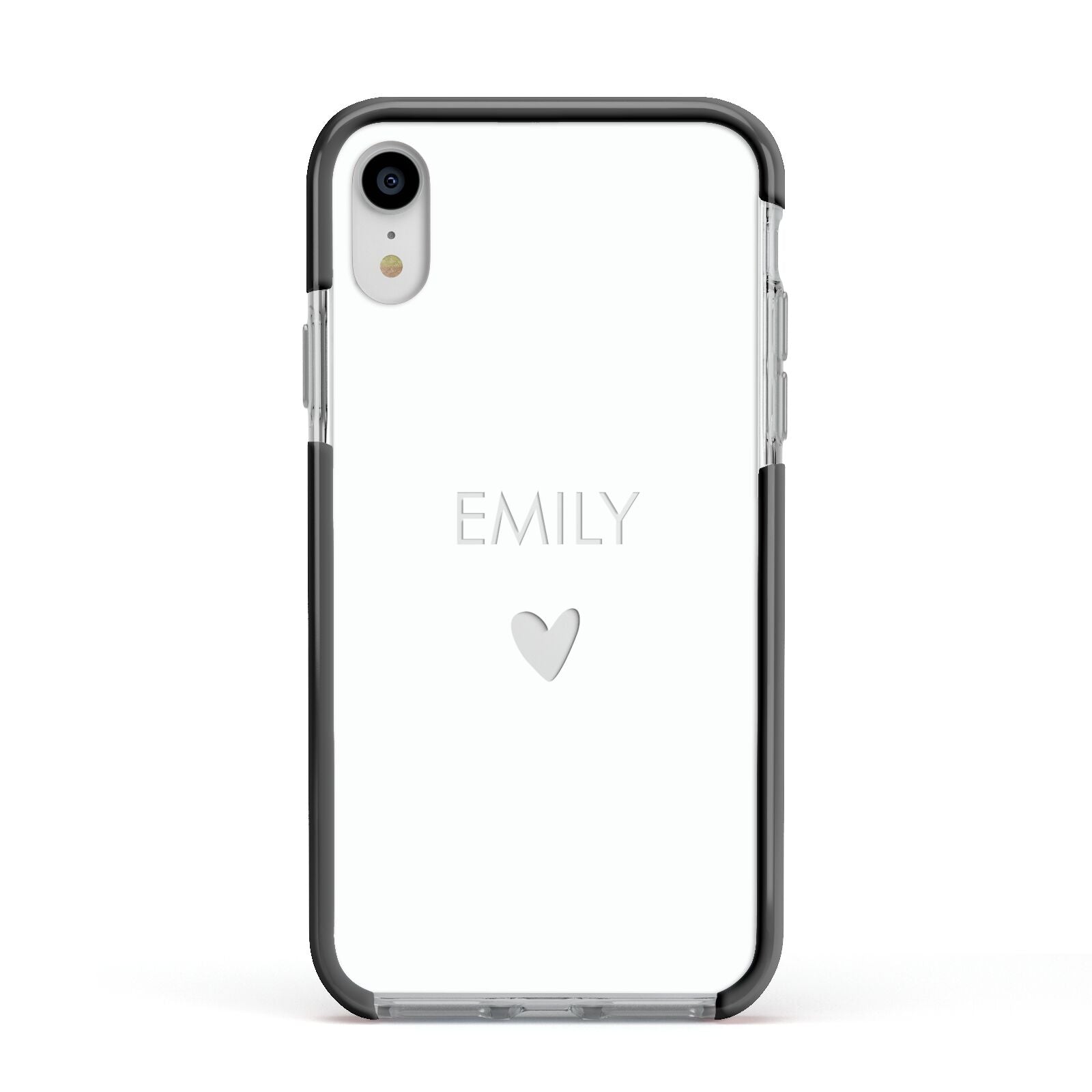 Personalised Cutout Name Heart Clear White Apple iPhone XR Impact Case Black Edge on Silver Phone
