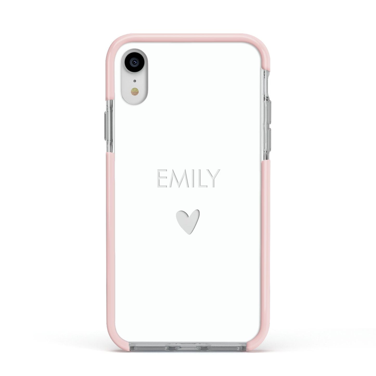 Personalised Cutout Name Heart Clear White Apple iPhone XR Impact Case Pink Edge on Silver Phone