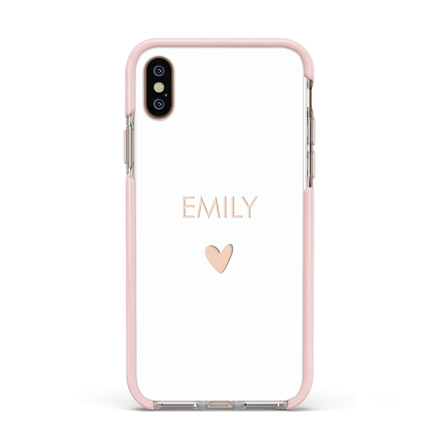 Personalised Cutout Name Heart Clear White Apple iPhone Xs Impact Case Pink Edge on Gold Phone