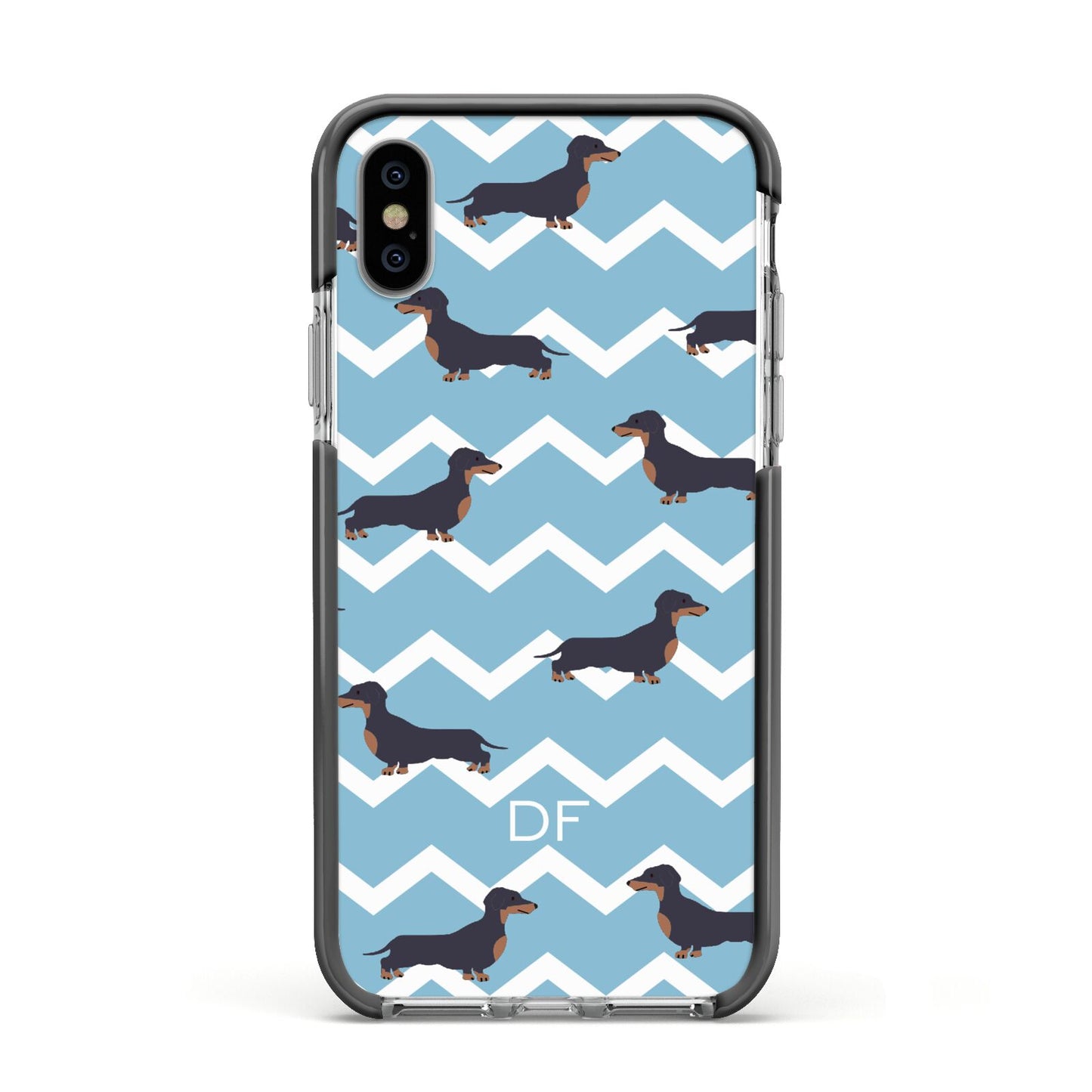 Personalised Dachshund Apple iPhone Xs Impact Case Black Edge on Silver Phone