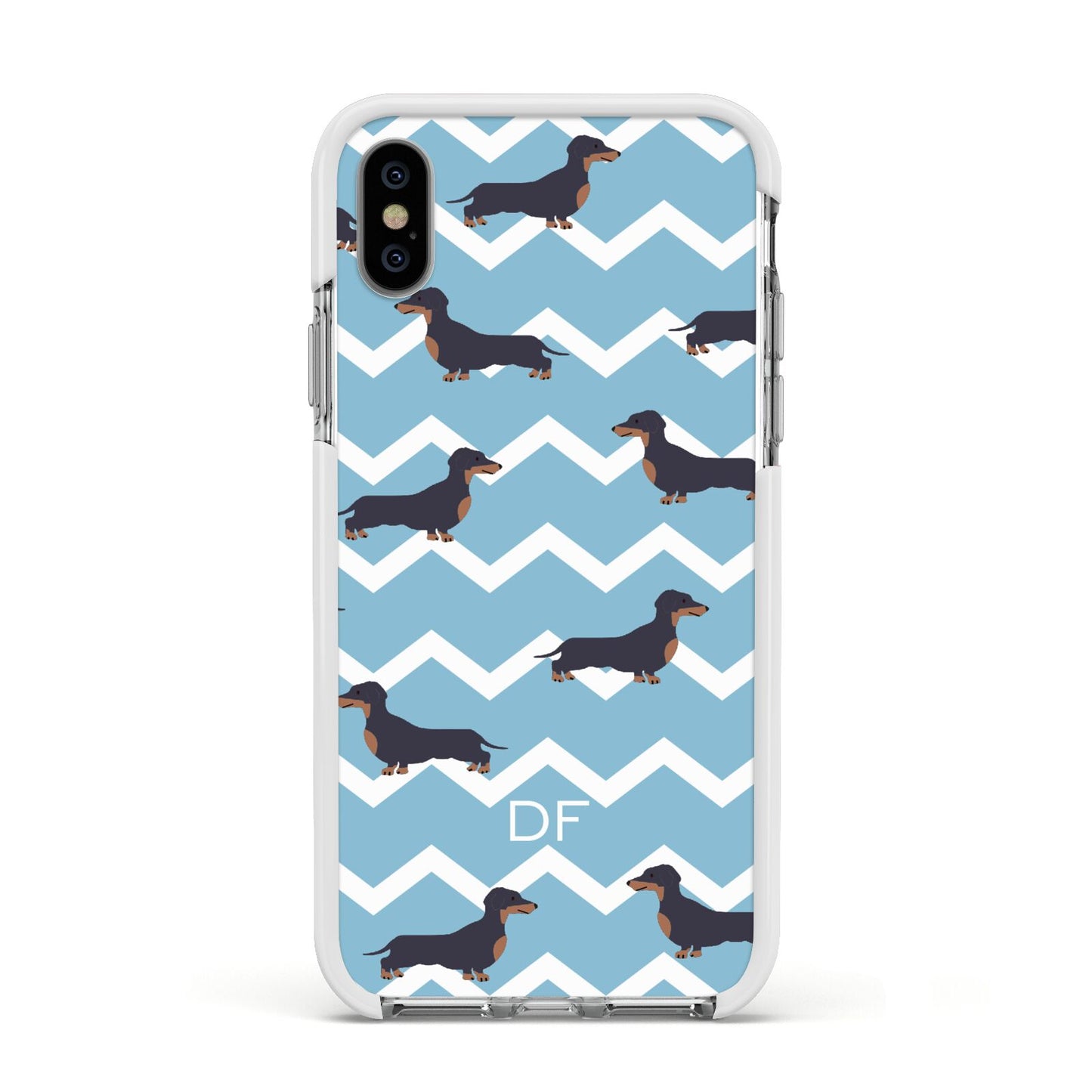 Personalised Dachshund Apple iPhone Xs Impact Case White Edge on Silver Phone