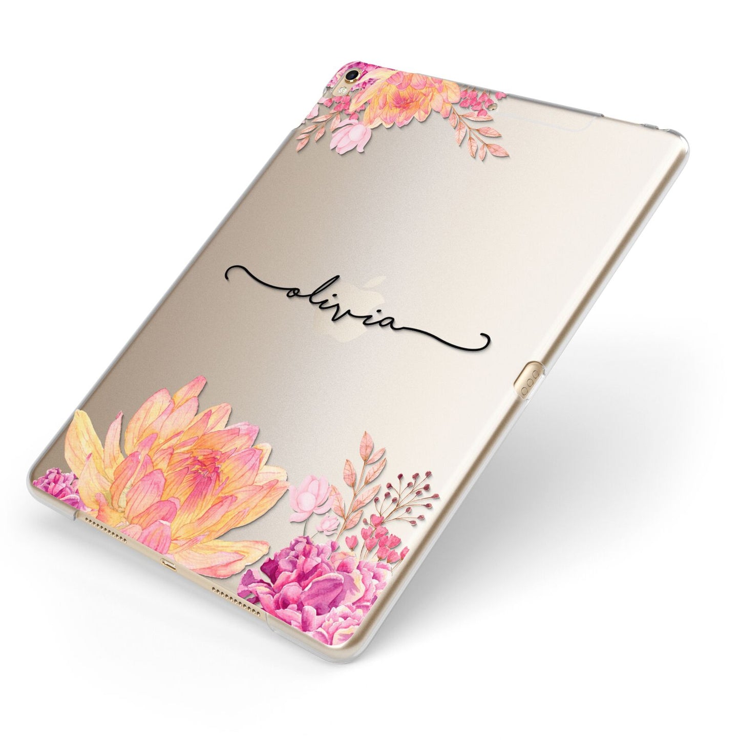 Personalised Dahlia Flowers Apple iPad Case on Gold iPad Side View