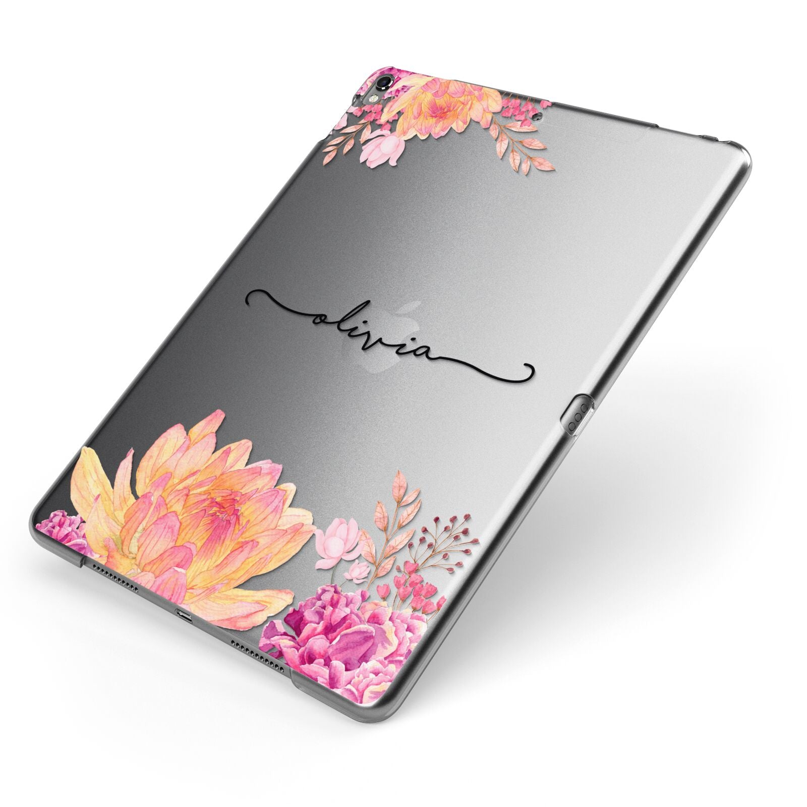 Personalised Dahlia Flowers Apple iPad Case on Grey iPad Side View